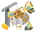 Construction site in isometric style. Engineers and heavy machines building house