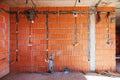 Construction site, kitchen room during building process with basic electrical wire installation and water plumbing Royalty Free Stock Photo