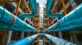 Construction site with large blue industrial pipes and scaffolding. Concept of engineering, industrial infrastructure Royalty Free Stock Photo