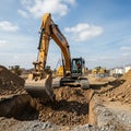 A large yellow excavator actively digging in the foreground. Royalty Free Stock Photo