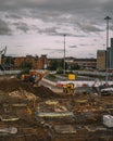 Construction site at Manchester Airport with diggers and dumpers