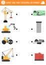 Construction site matching activity with special technics and the objects they are fixing or building. Building works puzzle, game