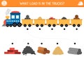 Construction site matching activity with train and different materials in cars. Building works puzzle, game, printable worksheet. Royalty Free Stock Photo