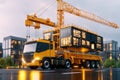Construction Site Mobilization: Crane Trucks Transporting Mobile Office Buildings and Container Site Offices for Install Royalty Free Stock Photo