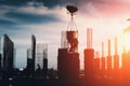 Construction site of modern building with silhouettes of workers busy pouring concrete in sunset light. Industrial