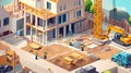 Construction site of a modern house complex with workers and machinery Royalty Free Stock Photo