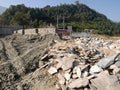 Construction site for napali people work build stone concrete irrigation reservoir dam and repair maintenance phewa road in