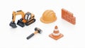Construction Site Objects: Excavator, Hard Hat, Bricks, Traffic Cone, Sledgehammer - Isolated Royalty Free Stock Photo