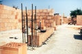 construction site, placing bricks on cement while building exterior walls, industry Royalty Free Stock Photo