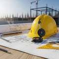 Construction site planning with hard hat blueprints and tools Royalty Free Stock Photo