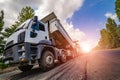 Construction site. Construction of a plant for the production of asphalt. Heavy machinery on road. Royalty Free Stock Photo