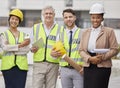 Construction site, portrait and team at a building for planning, creative and collaboration. Architecture, business Royalty Free Stock Photo