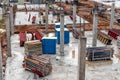 Construction site with reinforced concrete columns, struts and structural formworks Royalty Free Stock Photo