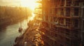 Construction site by a river at sunrise, highlighting urban development, industrial progress, and early morning activity Royalty Free Stock Photo