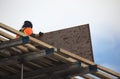 Construction site roof worker holding plywood on beams Royalty Free Stock Photo