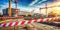 Construction Site Safety Dropped Object Hazard Zone Marked with Red and White Warning Tape for Crane Operations and Royalty Free Stock Photo