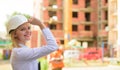 Construction site safety inspection. Construction project inspecting. Safety inspector concept. Woman inspector front Royalty Free Stock Photo