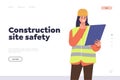 Construction site safety landing page design template with female engineer character checking manual Royalty Free Stock Photo