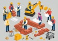 Construction site scene featuring various workers. Seven people are illustrated, Royalty Free Stock Photo