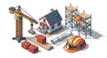 Construction site scene with house crane scaffolding blueprint and hard hat elements Royalty Free Stock Photo