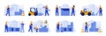 Construction site scenes bundle with people characters. Welder, painter, metalworker and bricklayer in hardhat at work situations Royalty Free Stock Photo