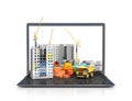 Construction site on the screen of a portable computer, skyscraper building, building materials.
