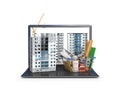 Construction site on the screen of a portable computer, skyscraper building, building materials. Royalty Free Stock Photo