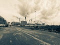 At the construction site, several cranes are workingÃ¯Â¼Åbuilding apartment. Black and white background. Royalty Free Stock Photo