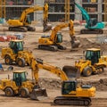 A construction site with several large yellow and teal excavators and bulldozers Royalty Free Stock Photo
