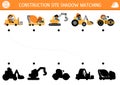 Construction site shadow matching activity with special transport, vehicles. Building works puzzle with concrete mixer, excavator