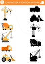 Construction site shadow matching activity with special transport, vehicles. Building works puzzle with lifting crane, truck,