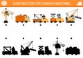 Construction site shadow matching activity with special transport, vehicles. Building works puzzle with lifting crane, truck,