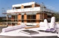 Construction site with shell and construction plans Royalty Free Stock Photo