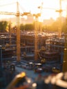 Construction site showcasing advanced engineering and vibrant activity at sunset Royalty Free Stock Photo