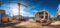 The construction site showcasing cranes and building progress under a clear blue sky. AI generated image Royalty Free Stock Photo