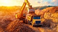 Construction site showing a digger loading dirt into a dump truck during sunset, highlighting machinery and industrial work Royalty Free Stock Photo