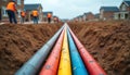 Construction site shows workers installing underground utility pipes, cables for new housing development infrastructure. Trenches Royalty Free Stock Photo