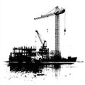 Construction Site Silhouette Cranes Truck Building Ship Water Reflection Black White Royalty Free Stock Photo
