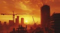 A construction site silhouetted against a vibrant sunset, highlighting industry and urban development Royalty Free Stock Photo