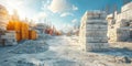 Construction site with stacked bricks and machinery under a bright sky during the afternoon Royalty Free Stock Photo