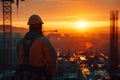 A construction site at sunrise, capturing the early start of the working class. Workers are seen arriving, gearing up with hard