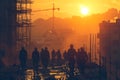 A construction site at sunrise, capturing the early start of the working class. Workers are seen arriving, gearing up with hard