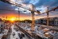 Construction Site at Sunset with Cranes and Building Royalty Free Stock Photo