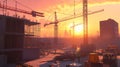 Construction Site at Sunset with Cranes and Workers, Urban Development Royalty Free Stock Photo