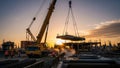 A construction site at sunset with a large crane lifting a concrete slab Royalty Free Stock Photo