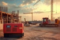 Construction site at sunset with machinery and generator working on building project Royalty Free Stock Photo