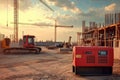 Construction site at sunset with machinery and generator working on building project Royalty Free Stock Photo