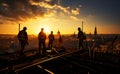 Construction site on sunset silhouette. Engineer industry construction crews