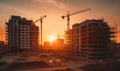 Construction site at sunset. Tower cranes on Construction of residential building in Europe.