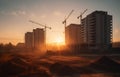 Construction site at sunset. Tower cranes on Construction of residential building in Europe.